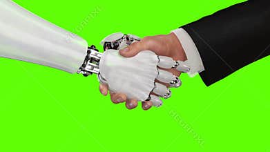 Robot and Man Shaking Hands. Beautiful realistic 3d animation on a green background with a pass of depth of field. 4K