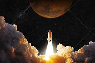 Spacecraft takes off into space. Rocket flies to Mars.