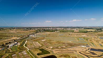 Aerial view of oysters farms in Marennes, Charente Maritime