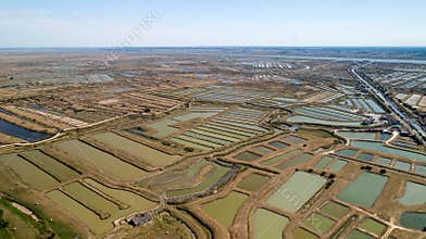 Aerial view of oysters farms in Marennes, Charente Maritime