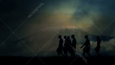 Tribal African Men Walking close to Mount Kilimanjaro Under Storm
