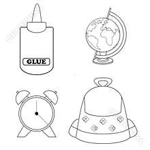 School glue, bag, clock, globe coloring page