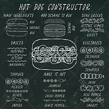 Hot Dog Constructor. Set of Fast Food Menu Ingredients. Hand Drawn High Quality Clean Realistic Vector Illustration. Doodle Style.
