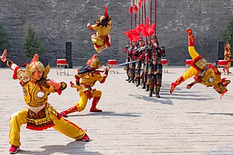 Xi\'an, China. Chinese traditional dance, cultural performance of warriors in traditional costumes,