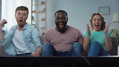Bachelor and neighbor couple watching football championship on tv screen home