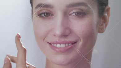 Healthy Face Skin. Beautiful Woman Touching Beauty Face