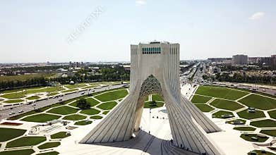 Aerial panoramic drone view of the Azadi tower in Tehran.