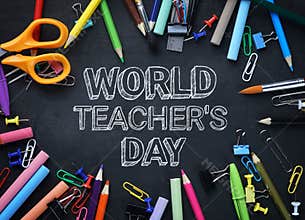 World Teacher`s Day Text. School Stationary Top View on Blackboa