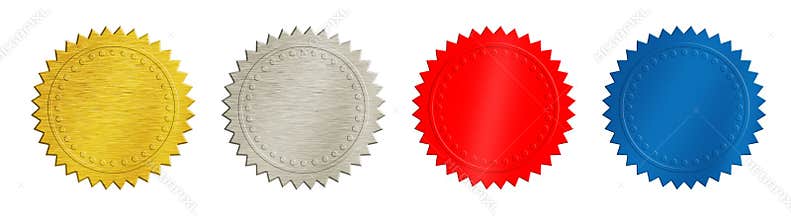 Gold, silver, red and blue coins or medals