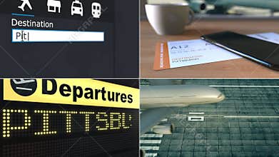 Flight to Pittsburgh. Traveling to the United States conceptual montage animation
