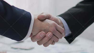 Two male business partners shaking hands, profitable agreement, co-operation