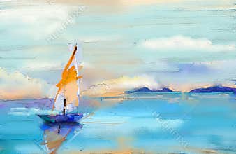 Modern art oil paintings with boat, sail on sea. Abstract contemporary art for background