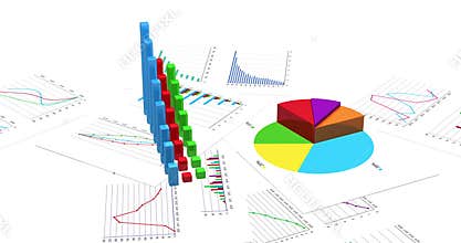 Growing financial charts on white background. Loopable 3D animation. 4K improved version