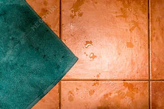 Teal bath mat on wet tiled floor