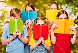 Children Read Books, Group of Kids Eyes behind Open Blank Book C
