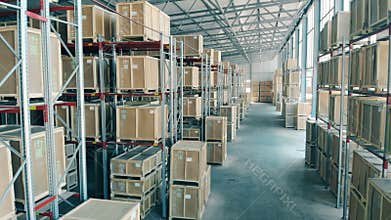 Shelves with boxes in a warehouse, close up.