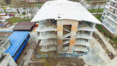 Aerial view of the building under construction in the city. Ukraine Ternopil