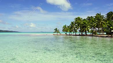 Tropical beach with palm trees and sunbeds