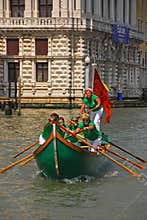 An all female team of boat rowers during the Vogalonga Regatta festival in Venice, Italy