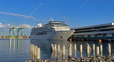 Cruise ship Regatta docked in the Port of Los Angeles, preparing to sail