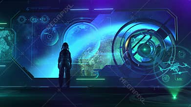 The astronaut collects data about the Earth from orbit, 3D render.