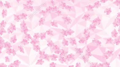 Many cherry blossom petals floating in air on white background. Low polygonal plant. Symbol of digital technology. Abstract. Loop.