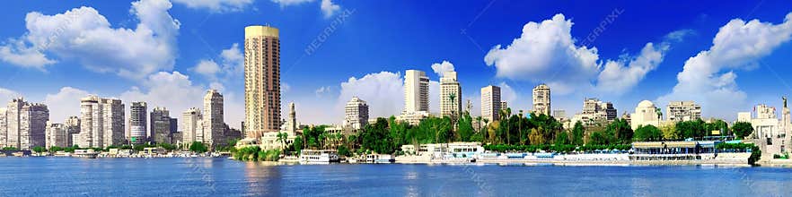 Panorama on Cairo, seafront of Nile River. Egypt.