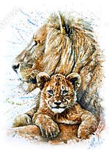 Lion Dad and Son watercolor painting