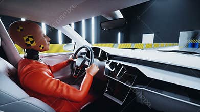 Generic 3d car crash test with crashtest dummy. Car destruction. Realistic 4k animation.