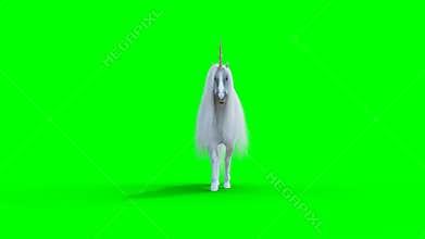 Walking white magical unicorn. Green screen realistic animation.