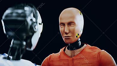 Robot crash test dummy and female robot. Future concept. Realistic 4k animation.