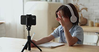 Smart adorable little child boy in headphones studying distantly.