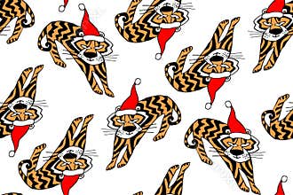 Tiger in red cap seamless pattern with Christmas symbol 2022 isolated.
