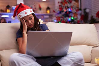 Tired exhausted woman falling asleep while reading business email on laptop