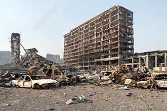 Russia war damage building destruction city war ruins city damage car. Terror attack bomb shell of civilian bombed