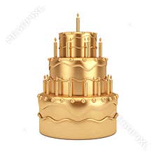 Golden Birthday Cartoon Dessert Tiered Cake with Candles. 3d Rendering