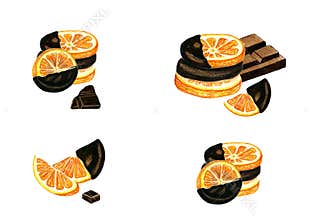 Watercolor illustrations clipart chocolate & orange.