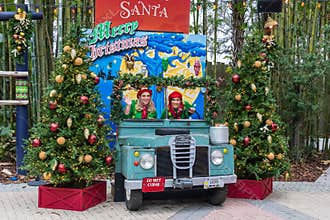 Santa`s elves pose in a Land Rover at the Christmas in the Wild Holiday event, in ZooTampa at Lowry Park - Tampa, Florida, USA