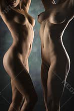 Two nude women standing.