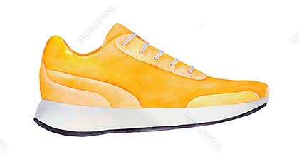 Bright yellow sneaker shoe with laces. Symbol of sport, youth, originality, positivity, ease, comfort.