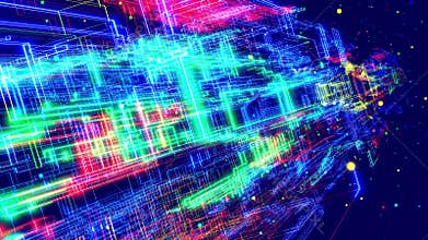 Motion graphic, data flow. Hi tech stream of datum, motion design vj loop. Wireframes of network blocks with neon light