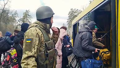 Process of evacuation of civilians in Ukraine. Bus evacuation. Ukraine war.