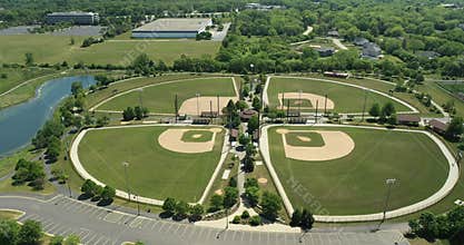 Aerial view of a suburban high school baseball complex