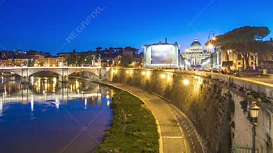 Ponte Vittorio Emanuele II is bridge across Tiber day to night timelapse in Rome, Italy
