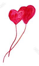Watercolor drawing of two crimson heart-shaped balloons on strings, isolated