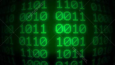 Green binary code zeros and ones numbers on screen flowing and changing, computer code, security or data processing concept