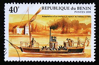 Postage stamp Benin, 1995, Steamer of 1788 steam engine
