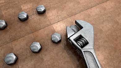 Mechanical tools, spanner and nut.