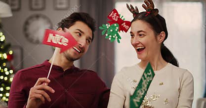 Romantic moment for loving couple in Christmas time