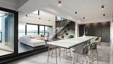 Modern luxury living room with kitchen and stairs.